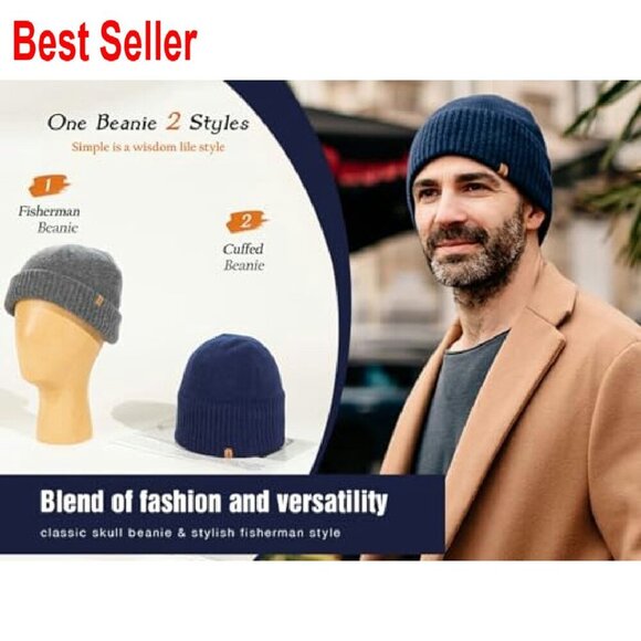 Oversized Merino Wool Beanie Fleece Lined Cuffed Fisherman Cap Classic